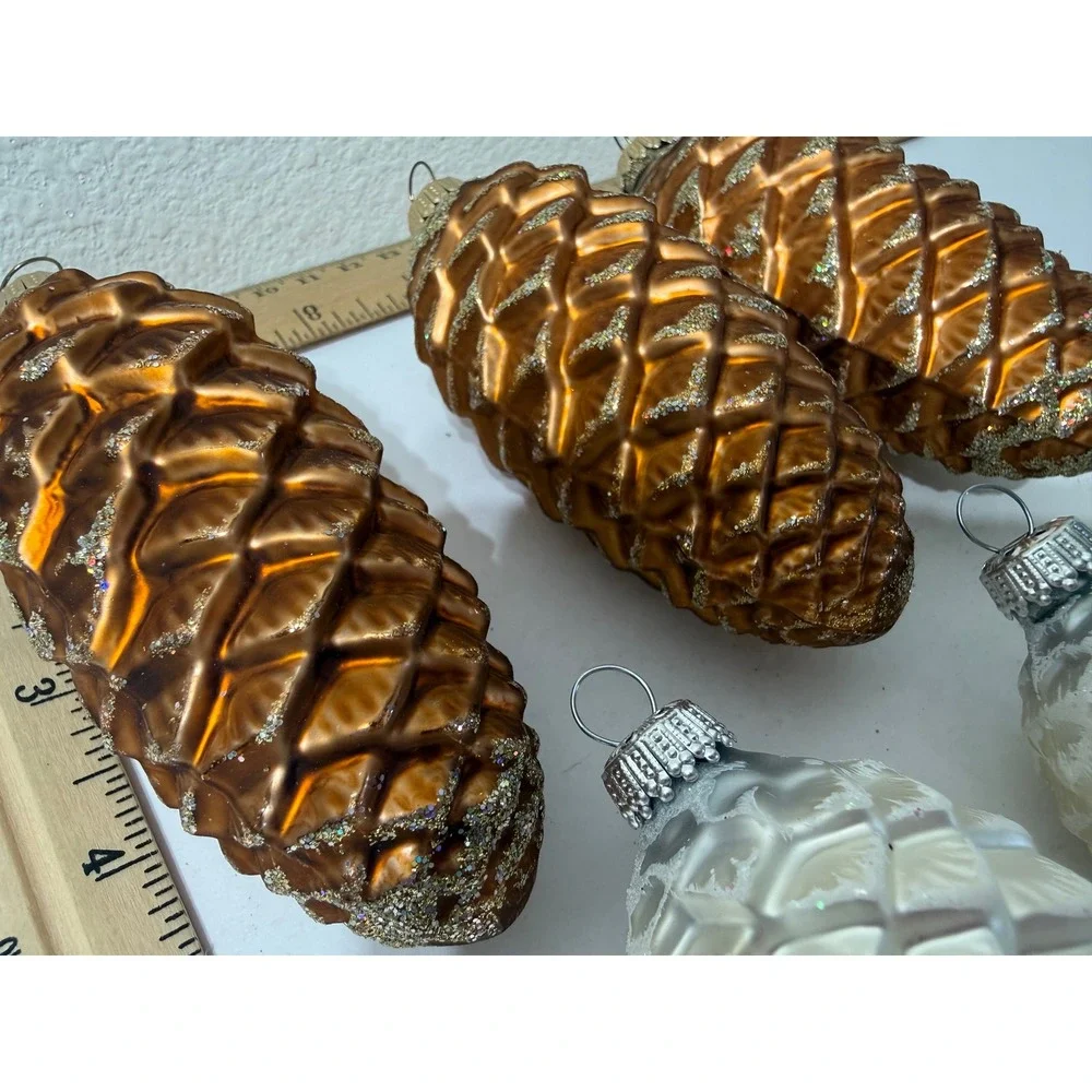 Vintage German Glass Pinecone Christmas Ornaments Amber White Glitter Set of 6